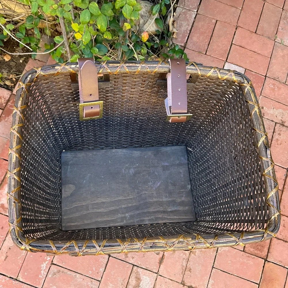 Attachable Multi-Use Dark Wicker Rattan Basket with Leather Straps (For Bike?)